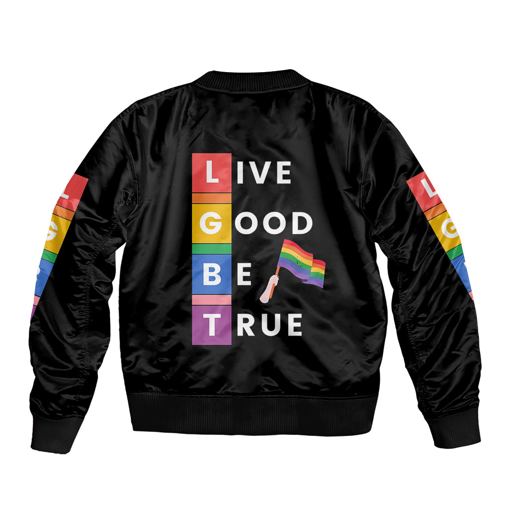 Black unisex bomber jacket with colorful sleeve stripe and "Live Good Be True" back print