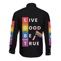 Black long sleeve button shirt with pride text graphic and rainbow handprint on back