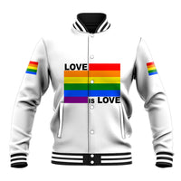 White unisex baseball jacket with ribbed stripes, Pride flag “LOVE IS LOVE” front graphic