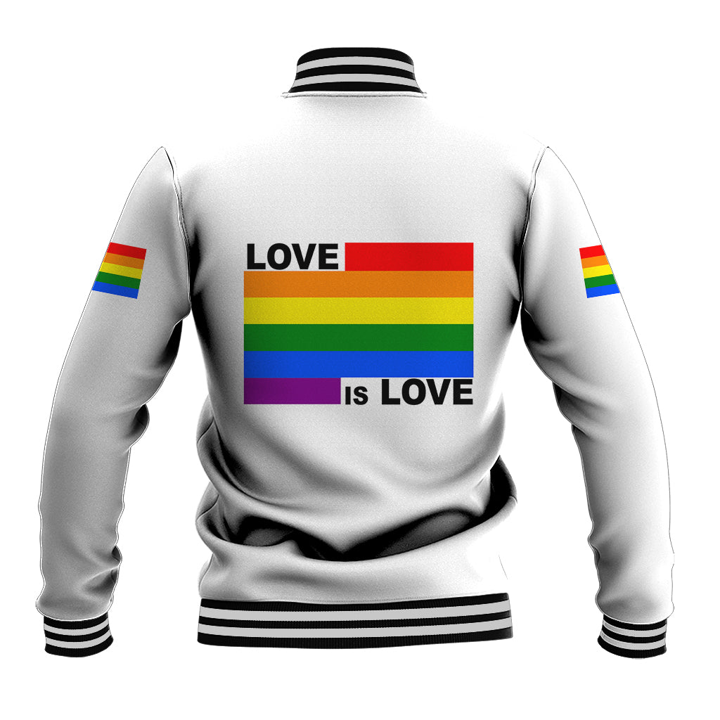 White unisex baseball jacket with ribbed stripes, Pride flag “LOVE IS LOVE” back graphic