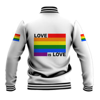 White unisex baseball jacket with ribbed stripes, Pride flag “LOVE IS LOVE” back graphic
