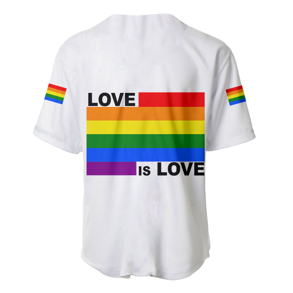 White baseball jersey back with rainbow stripe Love Is Love graphic and Pride colors