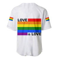 White baseball jersey back with rainbow stripe Love Is Love graphic and Pride colors