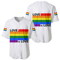 Two white baseball jerseys, front and back, each with rainbow Love Is Love graphic