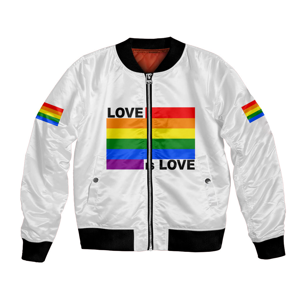 White bomber jacket with zipper, ribbed cuffs, Pride "Love is Love" rainbow graphic