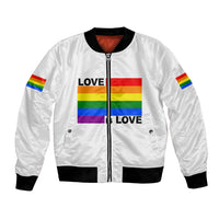 White bomber jacket with zipper, ribbed cuffs, Pride "Love is Love" rainbow graphic