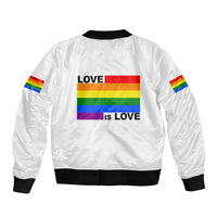 White bomber jacket back view with ribbed hem, Pride "Love is Love" rainbow graphic