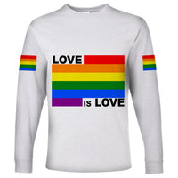 Unisex long sleeve shirt, white; rainbow sleeve bands and 'LOVE IS LOVE' front graphic