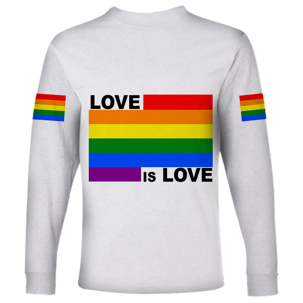 Unisex long sleeve shirt in white with centered rainbow rectangle and bold 'LOVE IS LOVE'
