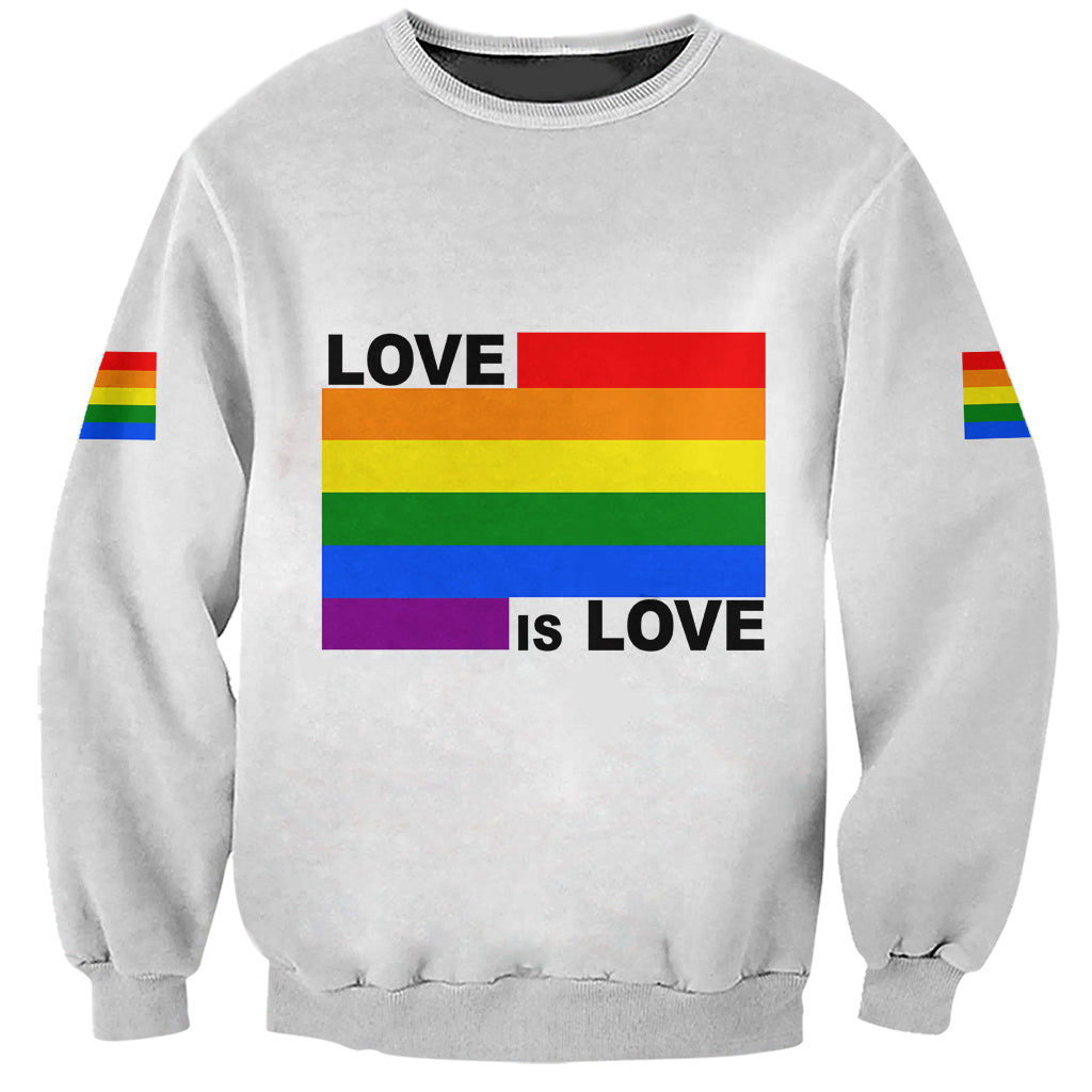 Light gray unisex sweatshirt with Pride rainbow sleeve stripes and LOVE is LOVE graphic