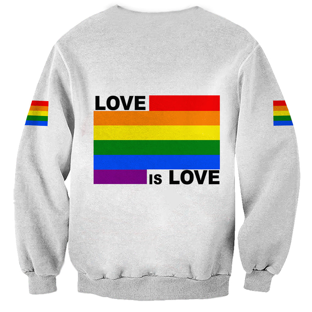 Light gray unisex sweatshirt back with Pride stripes LOVE is LOVE text and sleeve rainbow