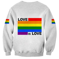 Light gray unisex sweatshirt back with Pride stripes LOVE is LOVE text and sleeve rainbow