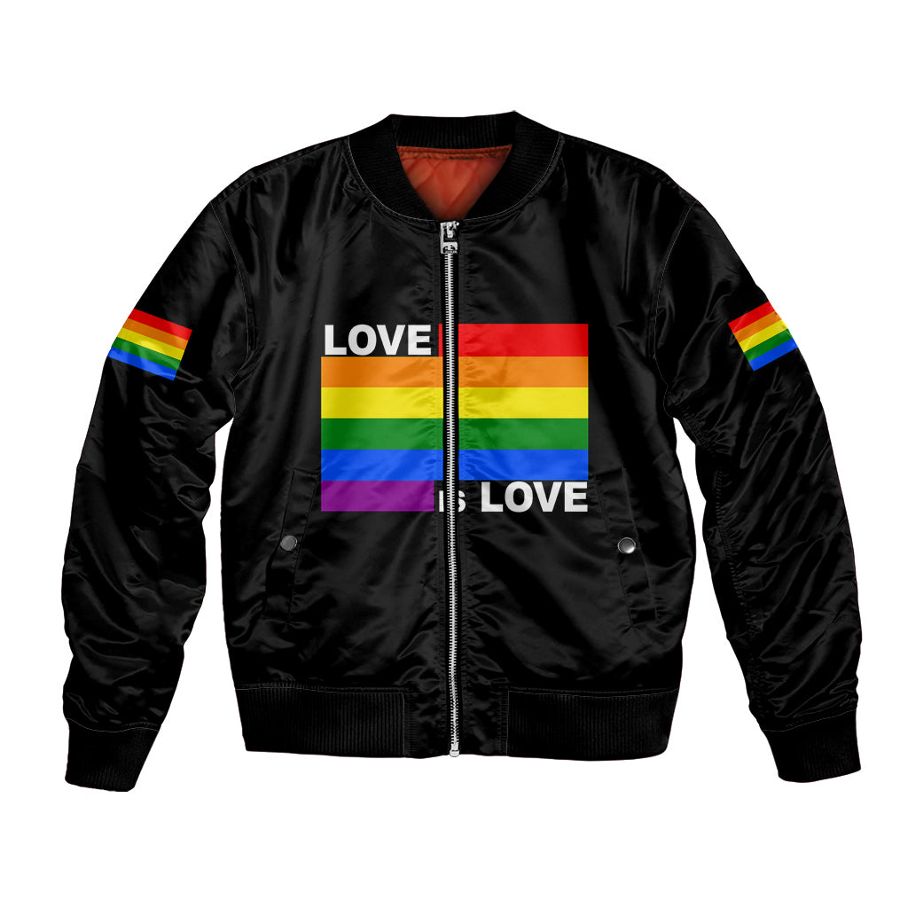 Black unisex bomber jacket, full-zip front, Pride rainbow LOVE IS LOVE print