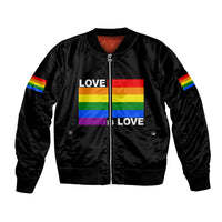 Black unisex bomber jacket, full-zip front, Pride rainbow LOVE IS LOVE print