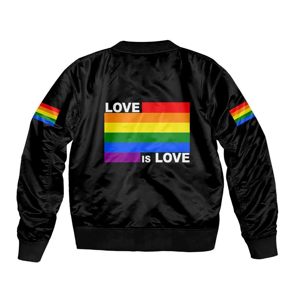 Black unisex bomber jacket back view with Pride rainbow LOVE IS LOVE print