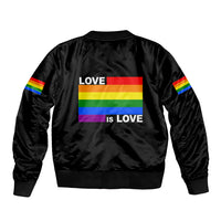 Black unisex bomber jacket back view with Pride rainbow LOVE IS LOVE print