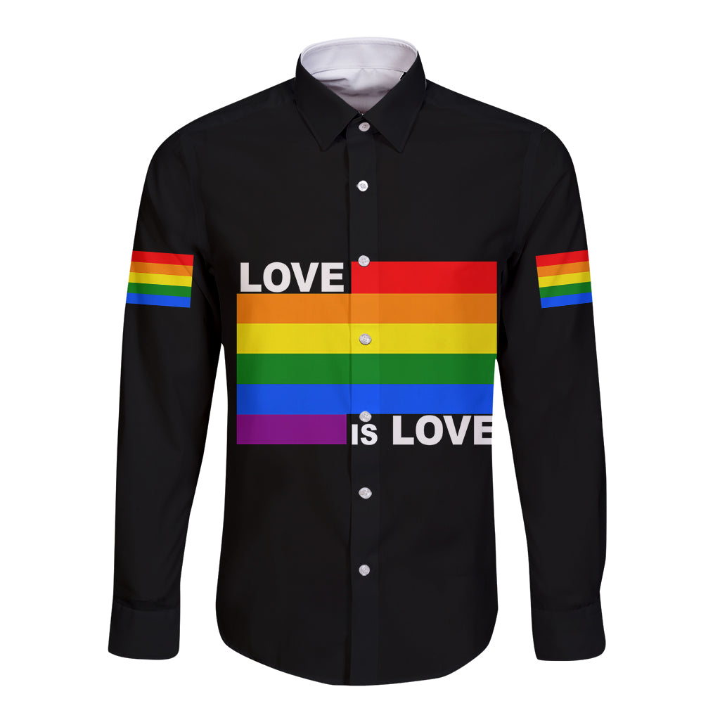 Black long-sleeve button shirt with rainbow Pride "LOVE" and "IS LOVE" front print