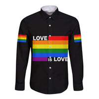 Black long-sleeve button shirt with rainbow Pride "LOVE" and "IS LOVE" front print
