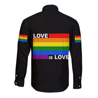 Black long-sleeve button shirt with rainbow Pride "LOVE" and "IS LOVE" back print