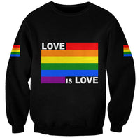 Black crewneck sweatshirt with LOVE is LOVE rainbow pride graphic and sleeve stripes