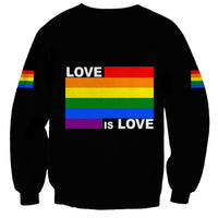 Black crewneck sweatshirt featuring centered LOVE is LOVE rainbow pride text graphic
