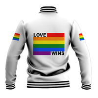 White baseball jacket with ribbed striped hem and back Pride 'LOVE WINS' print