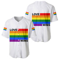 White baseball jerseys front & back with rainbow Love Wins graphic