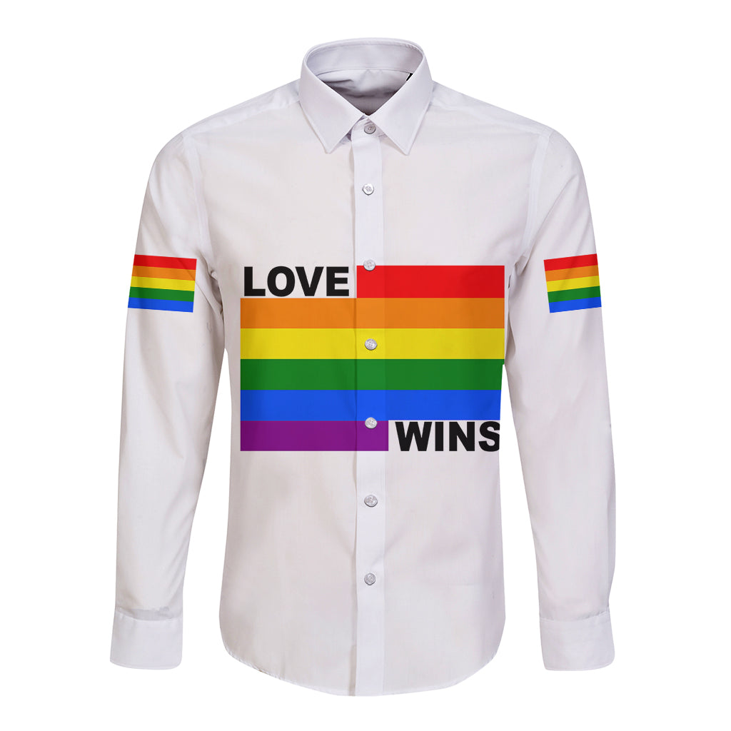 White long sleeve button shirt with rainbow pride bands and 'LOVE' and 'WINS' text