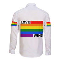 White long sleeve button shirt with rainbow pride bands and 'LOVE' above 'WINS' on back
