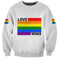 Crewneck sweatshirt with rainbow graphic text LOVE and WINS, long sleeves
