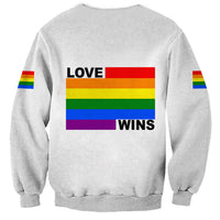 Crewneck sweatshirt back view with rainbow LOVE and WINS graphic, long sleeves