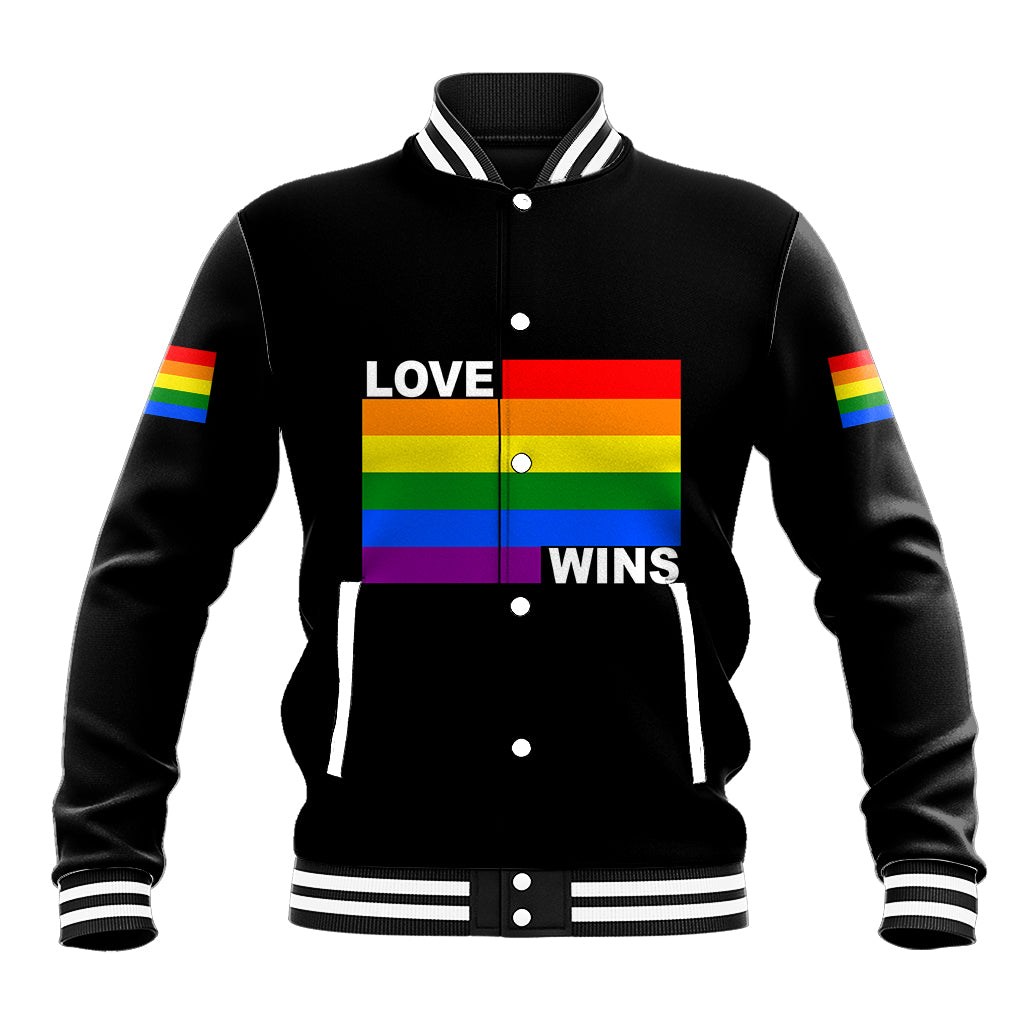 Black baseball jacket with rainbow "LOVE WINS" graphic, striped rib collar and cuffs