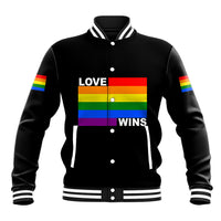 Black baseball jacket with rainbow "LOVE WINS" graphic, striped rib collar and cuffs