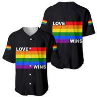 Two-piece view of black baseball jerseys: front and back with rainbow Love Wins text