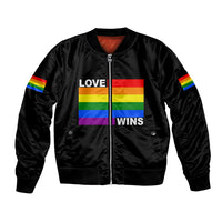 Black bomber jacket with rainbow sleeve stripes and 'Love Wins' front graphic