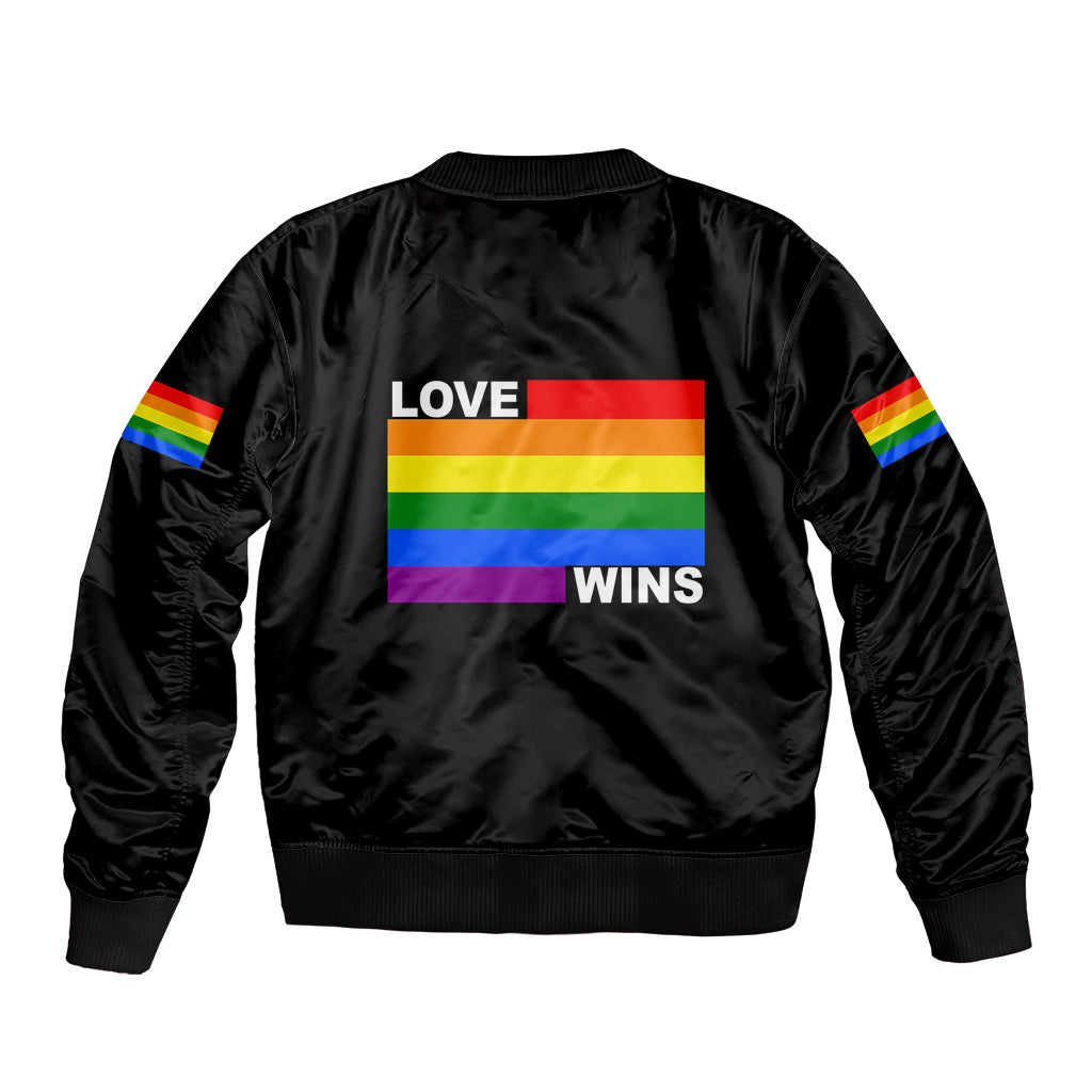 Black bomber jacket with rainbow sleeve stripes and 'Love Wins' back graphic