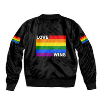 Black bomber jacket with rainbow sleeve stripes and 'Love Wins' back graphic