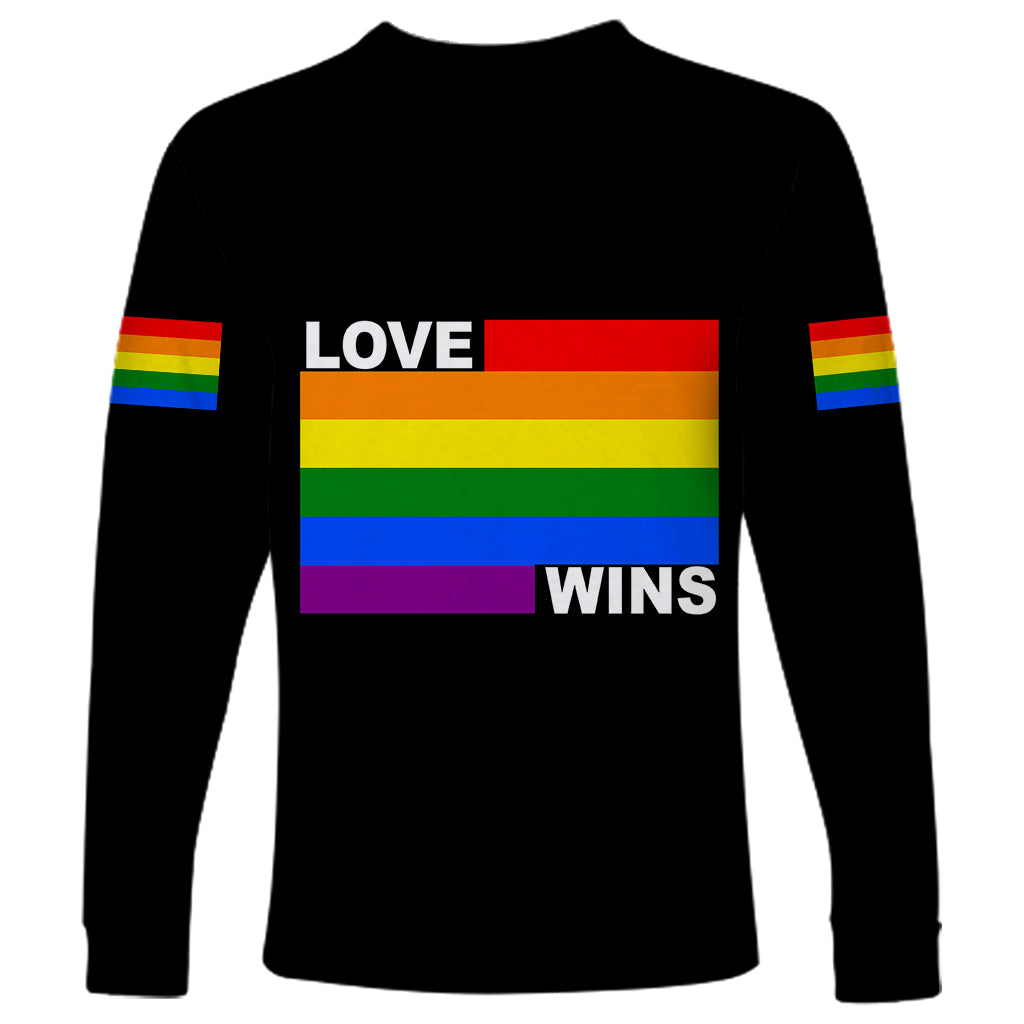 Black crewneck long-sleeve shirt with rainbow LOVE WINS rectangle graphic