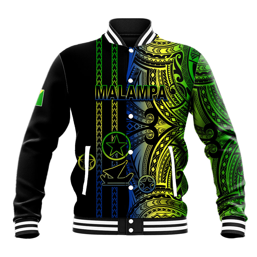Black baseball jacket with green and blue Polynesian-style tribal graphics, snap front