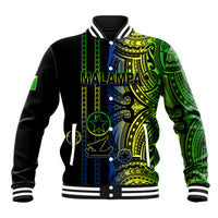 Black baseball jacket with green and blue Polynesian-style tribal graphics, snap front