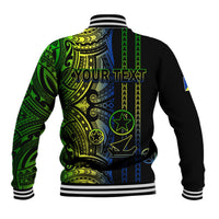 Black baseball jacket back with green and blue tribal pattern, striped ribbed collar