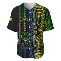 Black baseball jersey with Malampa name and green, yellow, blue tribal print.