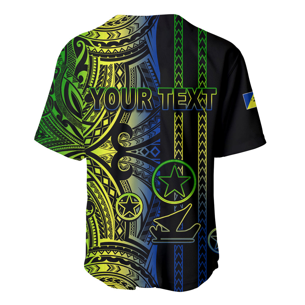 Black baseball jersey with green, yellow, blue tribal pattern and 'YOUR TEXT' on back.