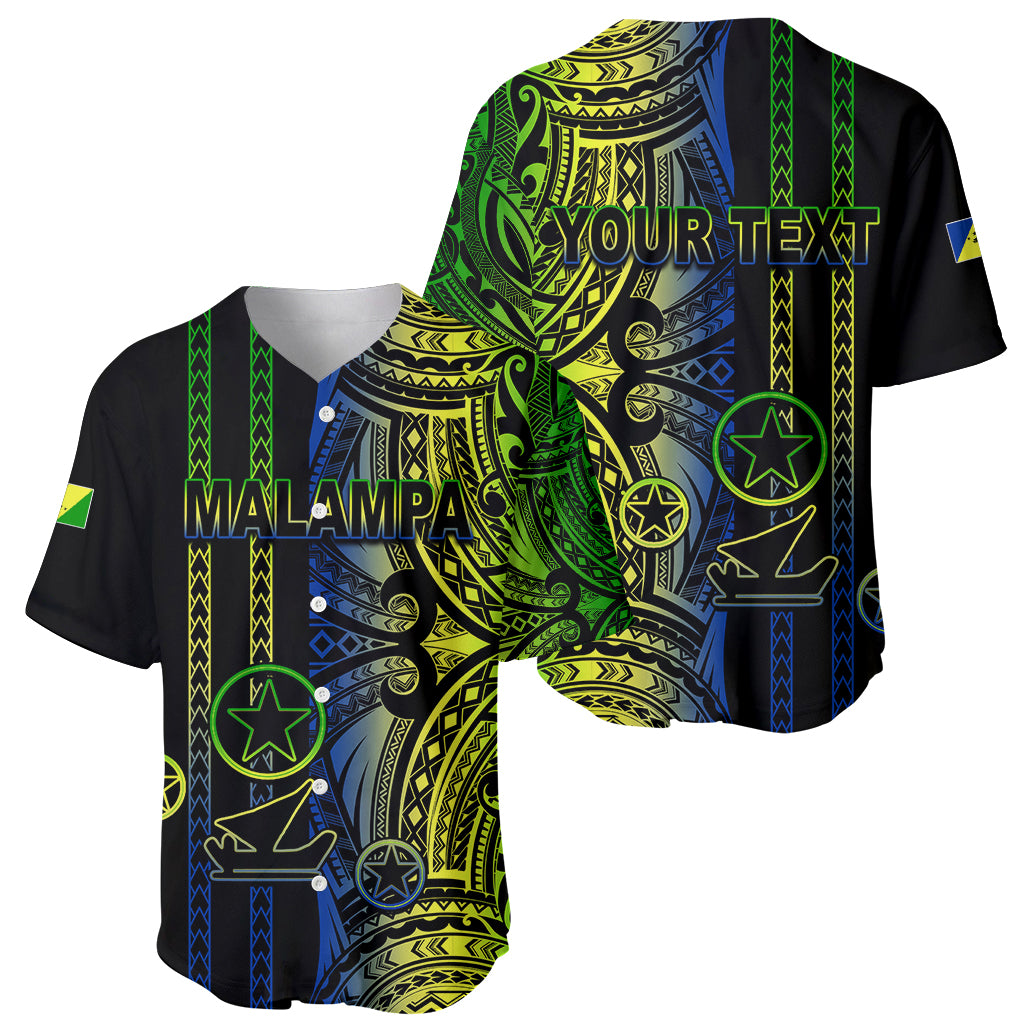 Black baseball jersey with green, yellow, blue tribal print and 'YOUR TEXT' across shoulders.