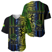 Black baseball jersey with green, yellow, blue tribal print and 'YOUR TEXT' across shoulders.
