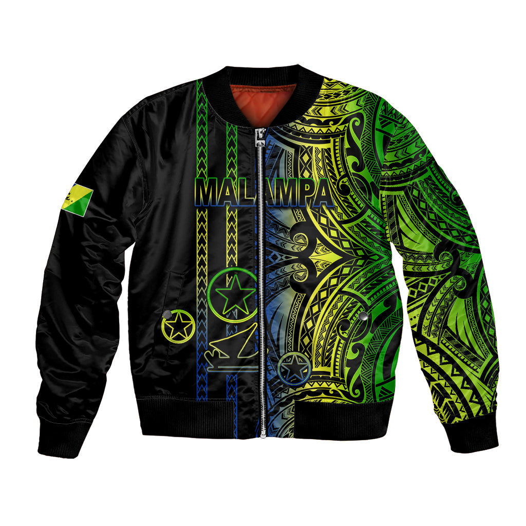 Black bomber jacket with green tribal print front, ribbed cuffs and zip closure