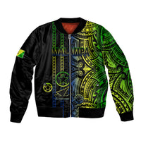 Black bomber jacket with green tribal print front, ribbed cuffs and zip closure