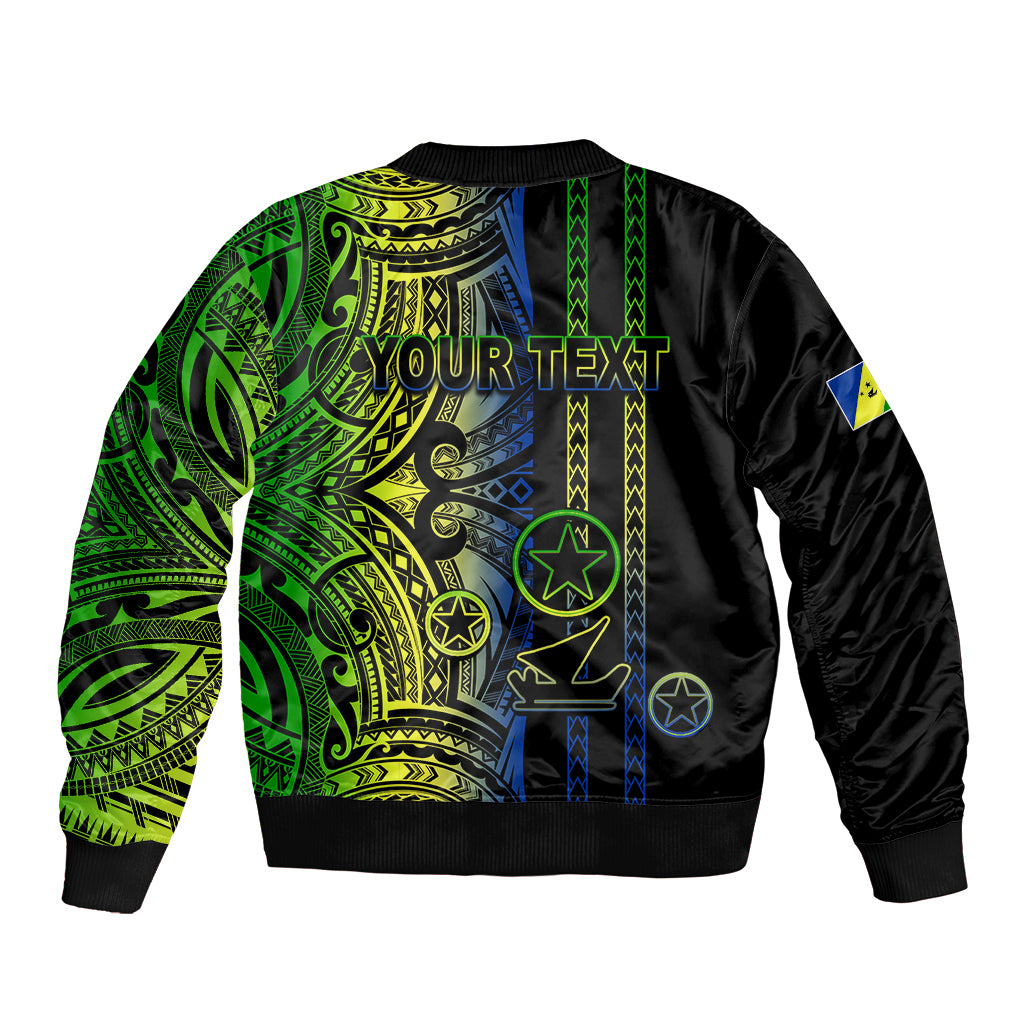 Black bomber jacket with green and yellow tribal print back, ribbed hem and sleeves