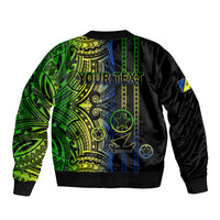 Black bomber jacket with green and yellow tribal print back, ribbed hem and sleeves