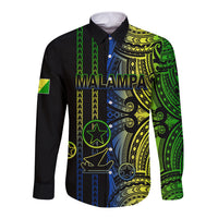Black long-sleeve button shirt with green, yellow, and blue Polynesian tribal print